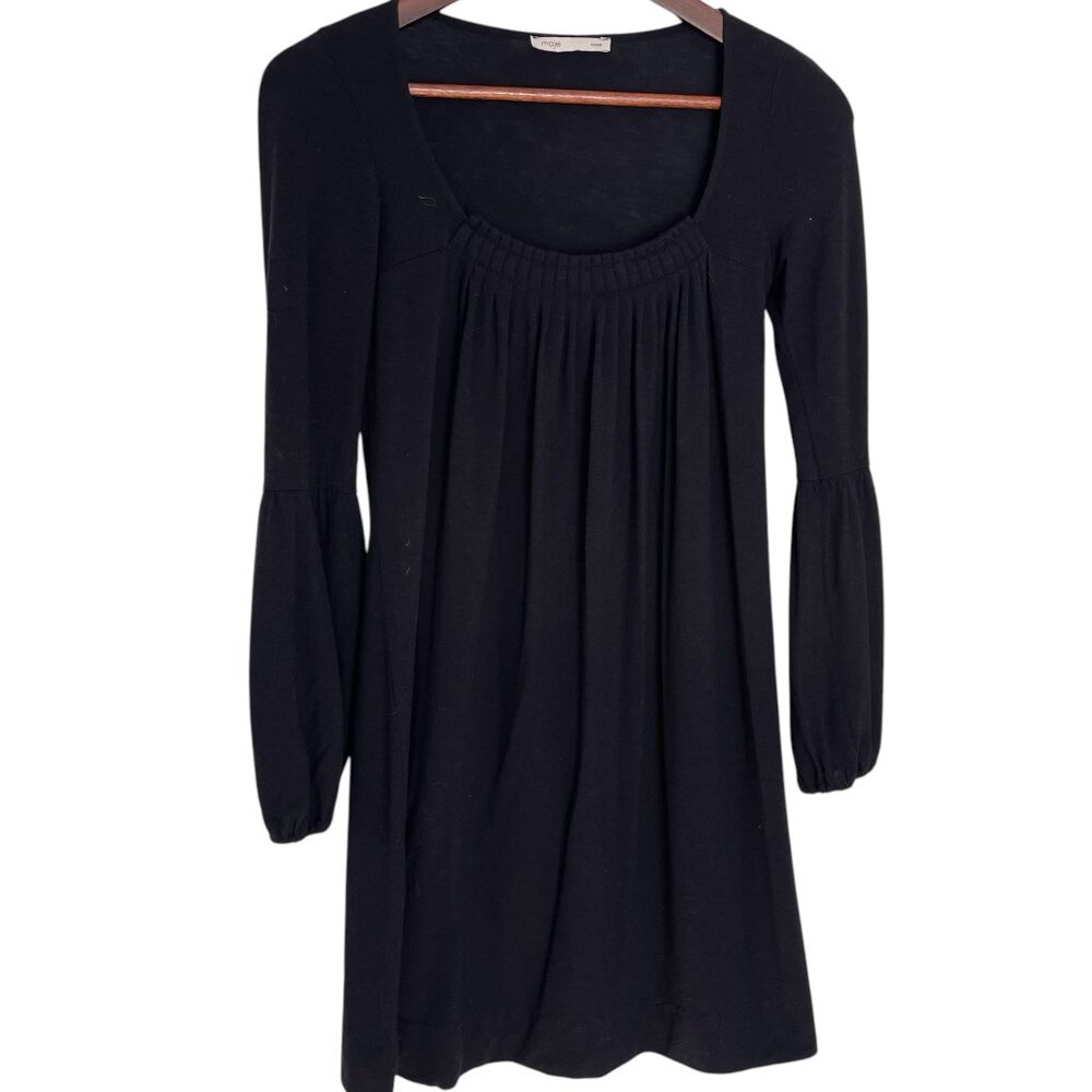 Maje Babydoll Mini Dress Size 0 / XS Black Wool Blend Bishop Sleeve Pleated Neck